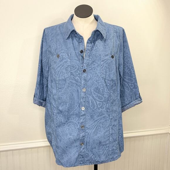 Catherines 1X 18-20W Camp Shirt Paisley Textured Button Up Country Cottage - Picture 1 of 9